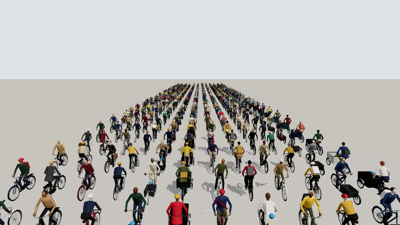 A crowd of cyclists from CPH Drive’s traffic kit, cargo bikes and commuters riding together.
