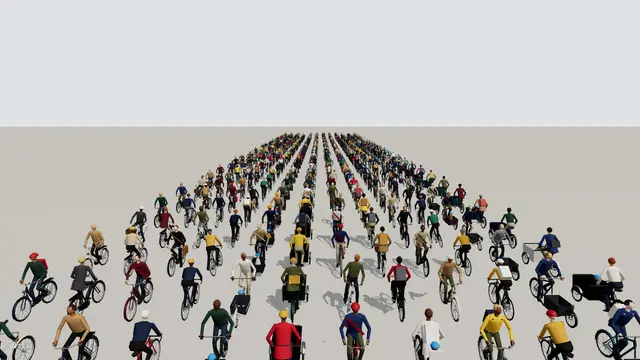 A crowd of cyclists from CPH Drive’s traffic kit, cargo bikes and commuters riding together.