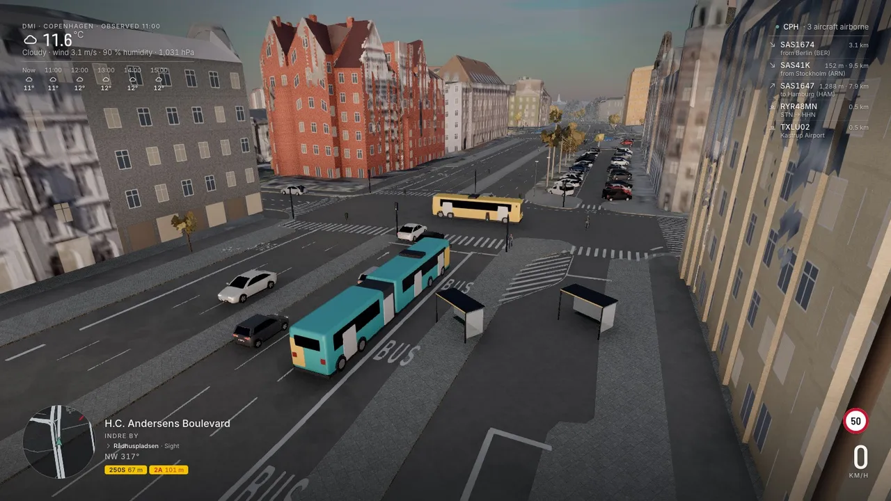Eight in the morning on H.C. Andersens Boulevard: articulated buses at the stops, the live weather and flights in the corners of the screen.