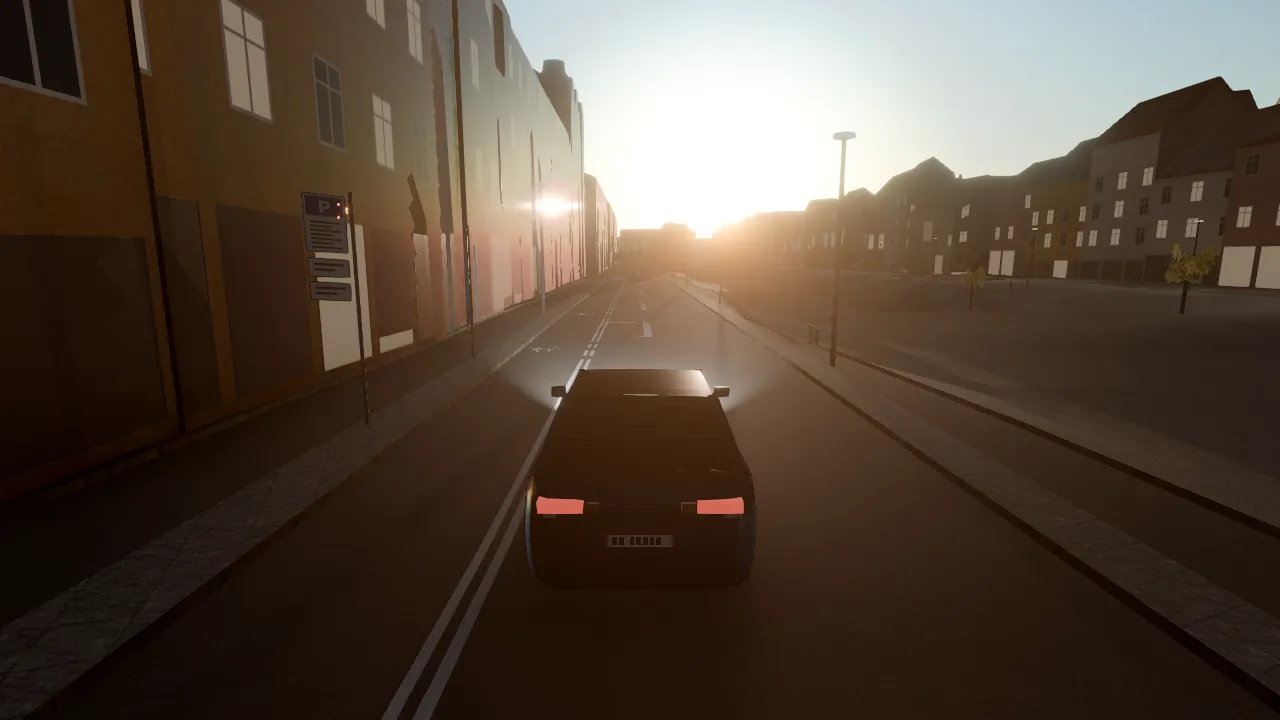 The car drives into a low midsummer sun along the quay near Nyhavn, facades lit orange.