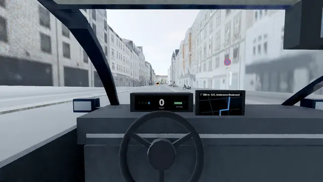 The view from the driver’s seat on Vesterbrogade: steering wheel, lit instrument cluster and navigation screen.